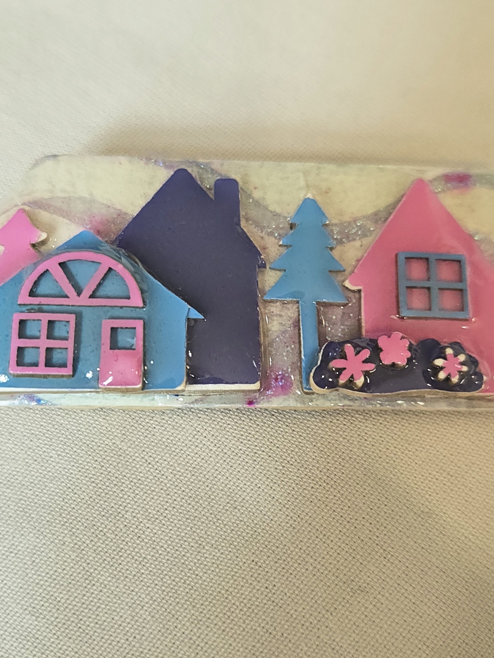 Colorful Village Enamel Brooch - Pink & Blue